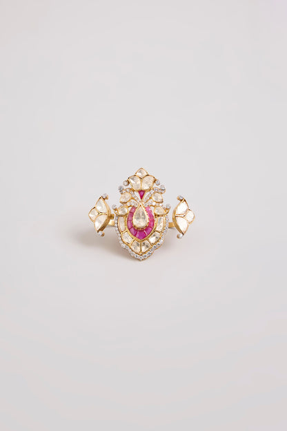 Gold Finish Kundan Polki & Red Stone Adjustable Ring In Sterling Silver