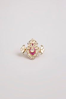 Gold Finish Kundan Polki & Red Stone Adjustable Ring In Sterling Silver