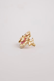 Gold Finish Kundan Polki & Red Stone Adjustable Ring In Sterling Silver