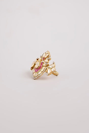 Gold Finish Kundan Polki & Red Stone Adjustable Ring In Sterling Silver