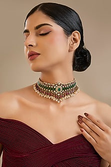 Gold Finish Kundan Polki Choker Necklace In Sterling Silver