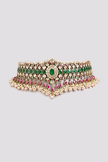 Gold Finish Kundan Polki Choker Necklace In Sterling Silver