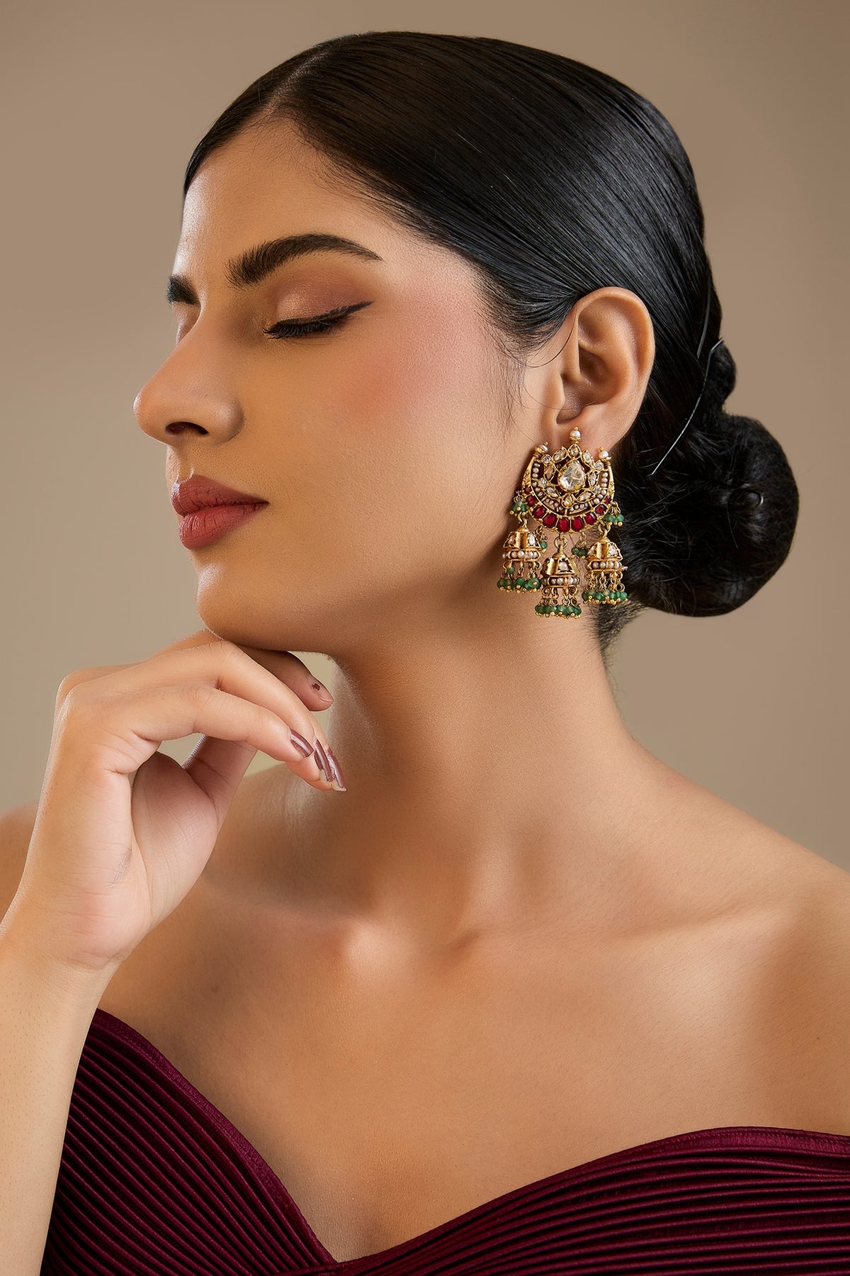Gold Finish Kundan Polki & Red Stone Dangler Earrings In Sterling Silver