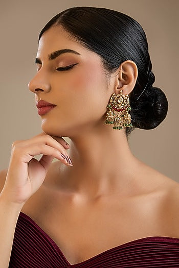 Gold Finish Kundan Polki & Red Stone Dangler Earrings In Sterling Silver