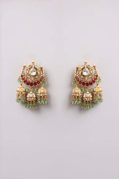 Gold Finish Kundan Polki & Red Stone Dangler Earrings In Sterling Silver