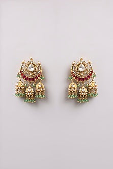 Gold Finish Kundan Polki & Red Stone Dangler Earrings In Sterling Silver