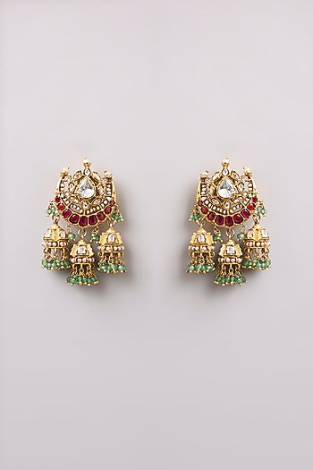 Gold Finish Kundan Polki & Red Stone Dangler Earrings In Sterling Silver