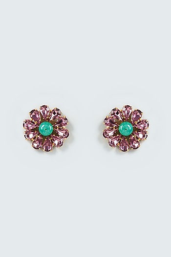 Gold Finish Purple Swarovski Crystal Stud Earrings