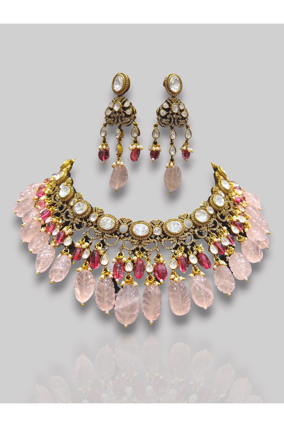 Antique Gold Finish Kundan Polki & Beaded Choker Necklace Set