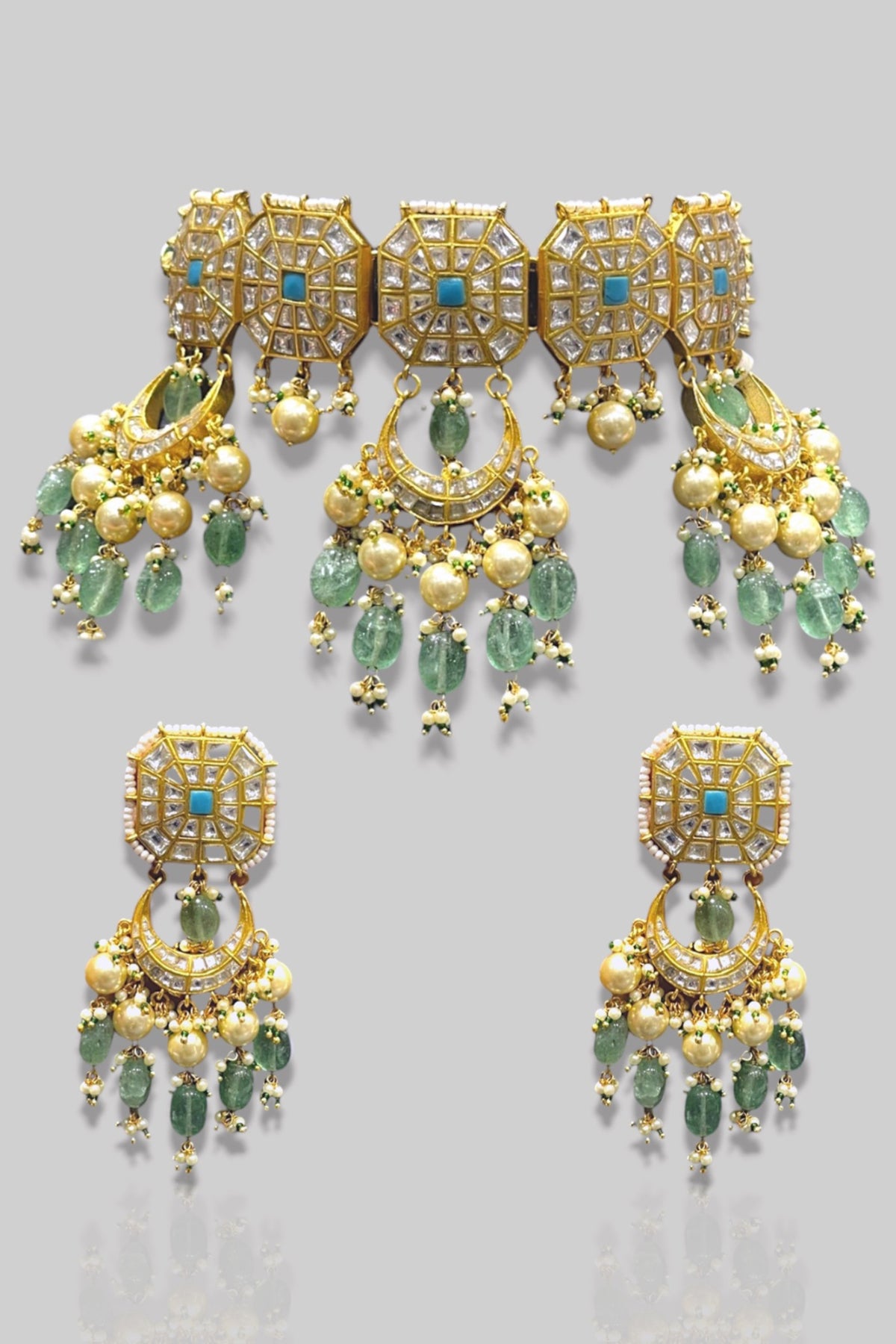 Gold Finish Kundan Polki & Sea Green Beaded Choker Necklace Set