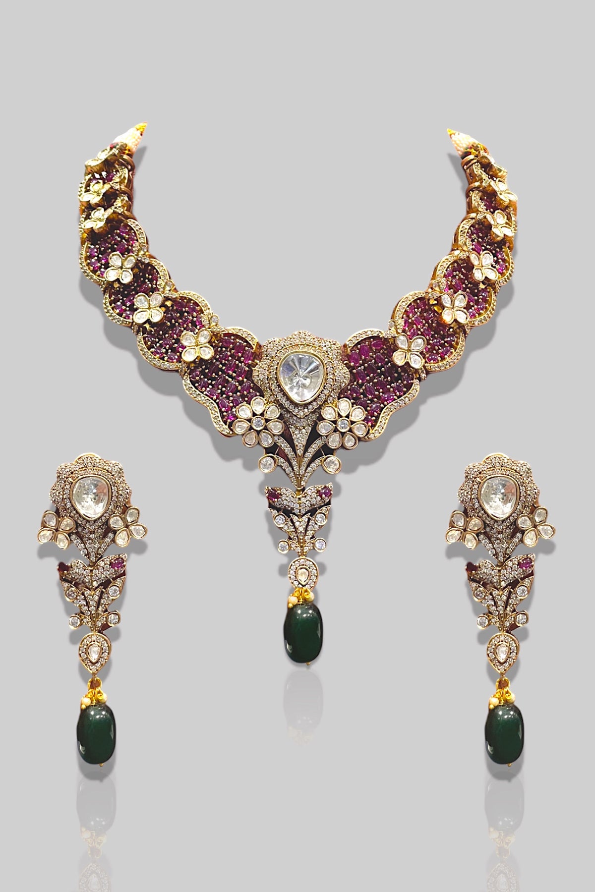 Antique Gold Finish Pink Zircon & Green Beaded Necklace Set