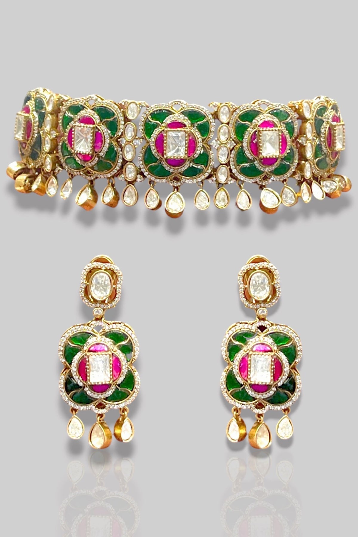 Gold Finish Kundan Polki Green Enameled Choker Necklace Set