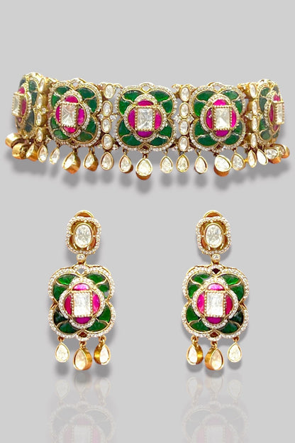 Gold Finish Kundan Polki Green Enameled Choker Necklace Set