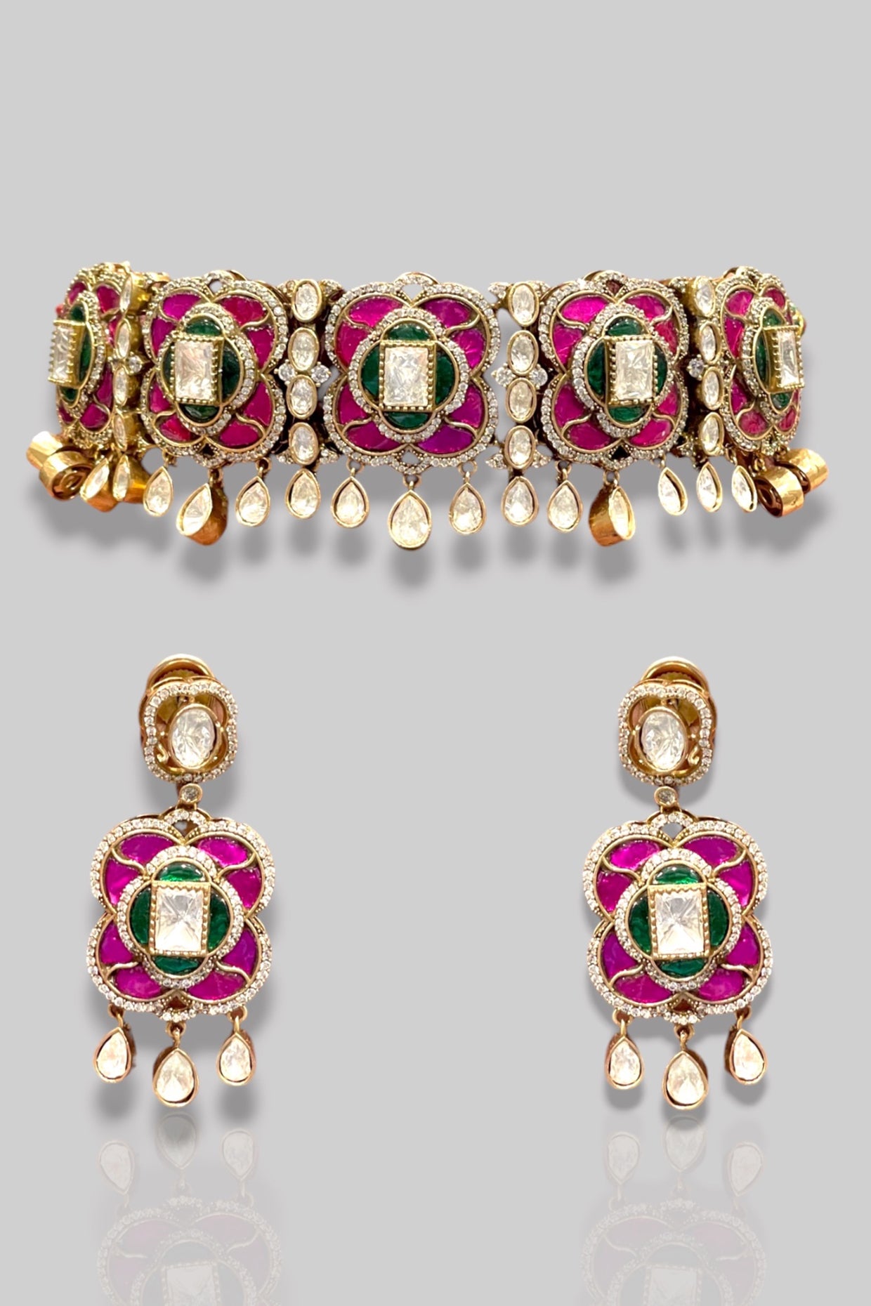 Gold Finish Kundan Polki Enameled Choker Necklace Set
