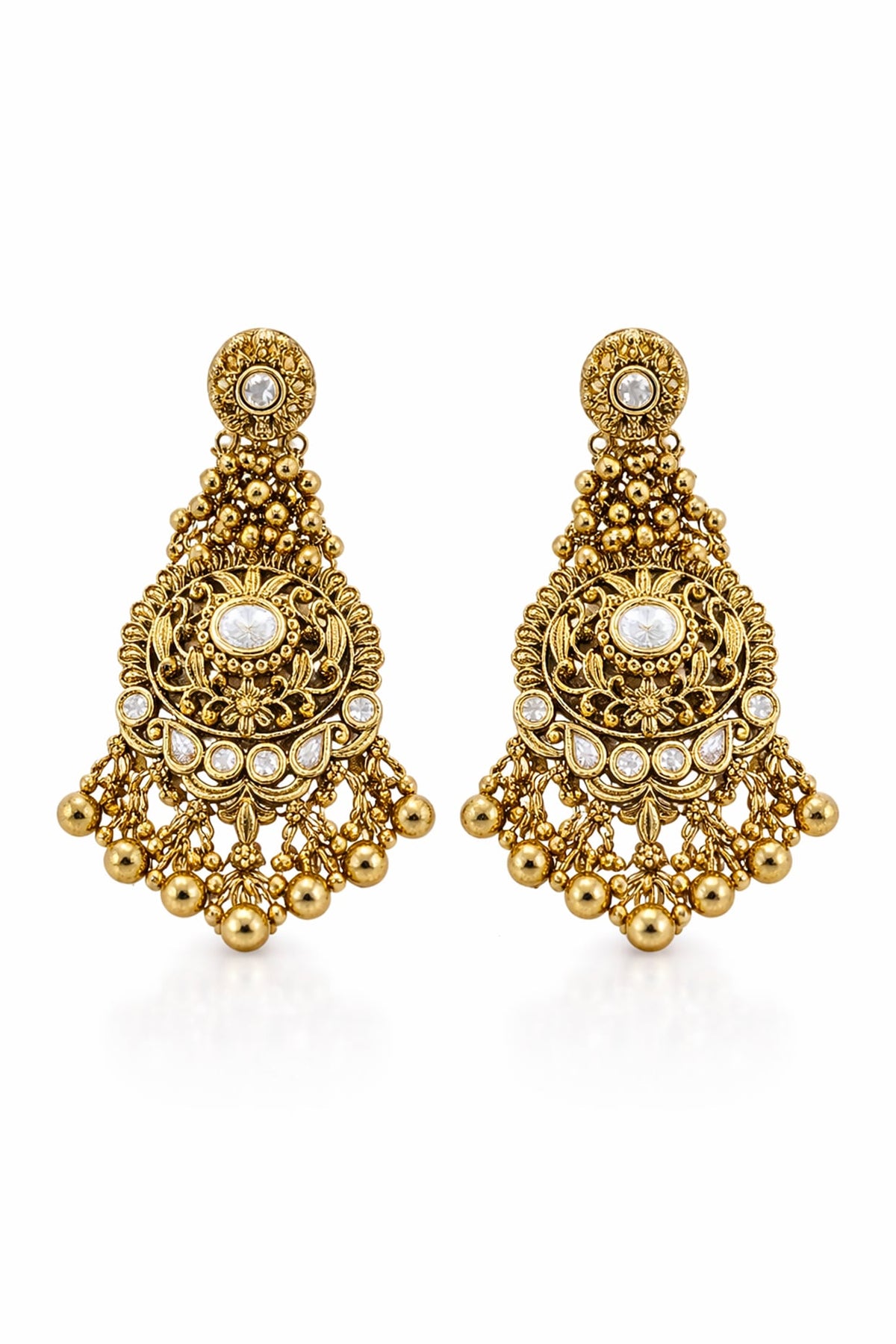 Gold Finish Beaded Temple Dangler Earrings