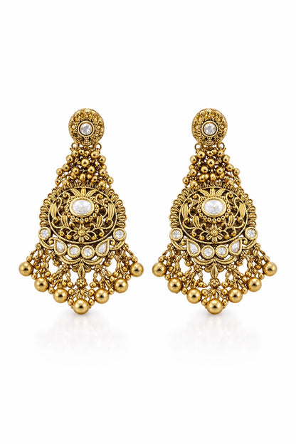 Gold Finish Beaded Temple Dangler Earrings