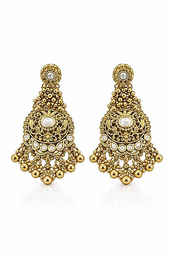 Gold Finish Beaded Temple Dangler Earrings