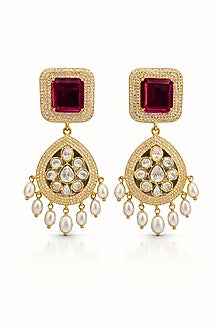 Gold Finish Ruby Kundan Polki & Zircon Dangler Earrings