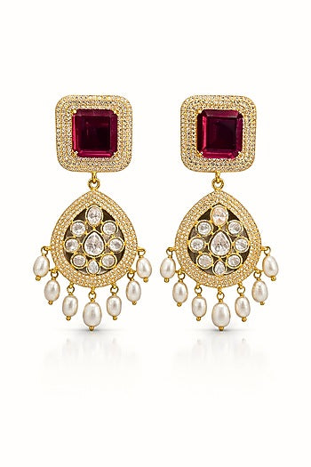Gold Finish Ruby Kundan Polki & Zircon Dangler Earrings