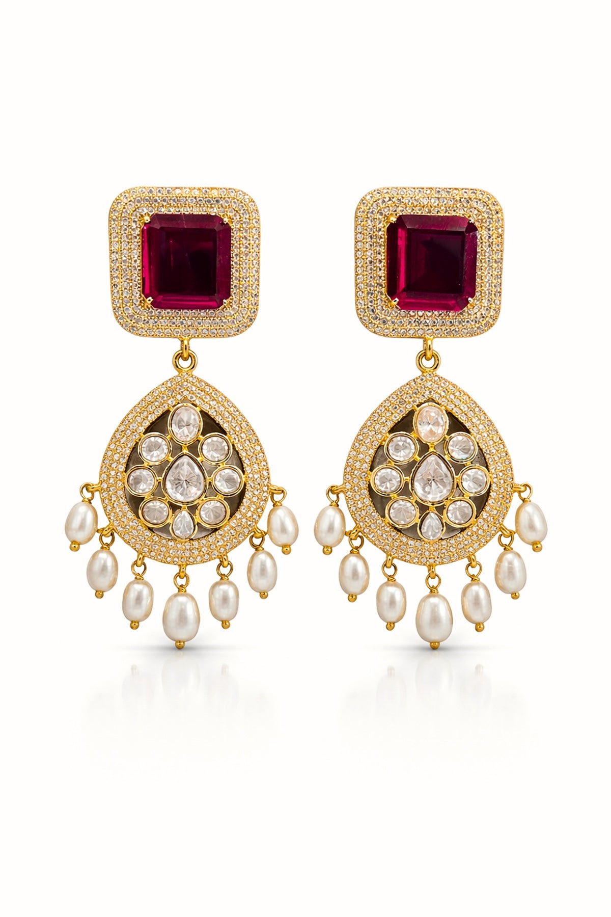 Gold Finish Ruby Kundan Polki & Zircon Dangler Earrings