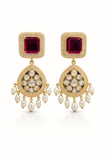 Gold Finish Ruby Kundan Polki & Zircon Dangler Earrings