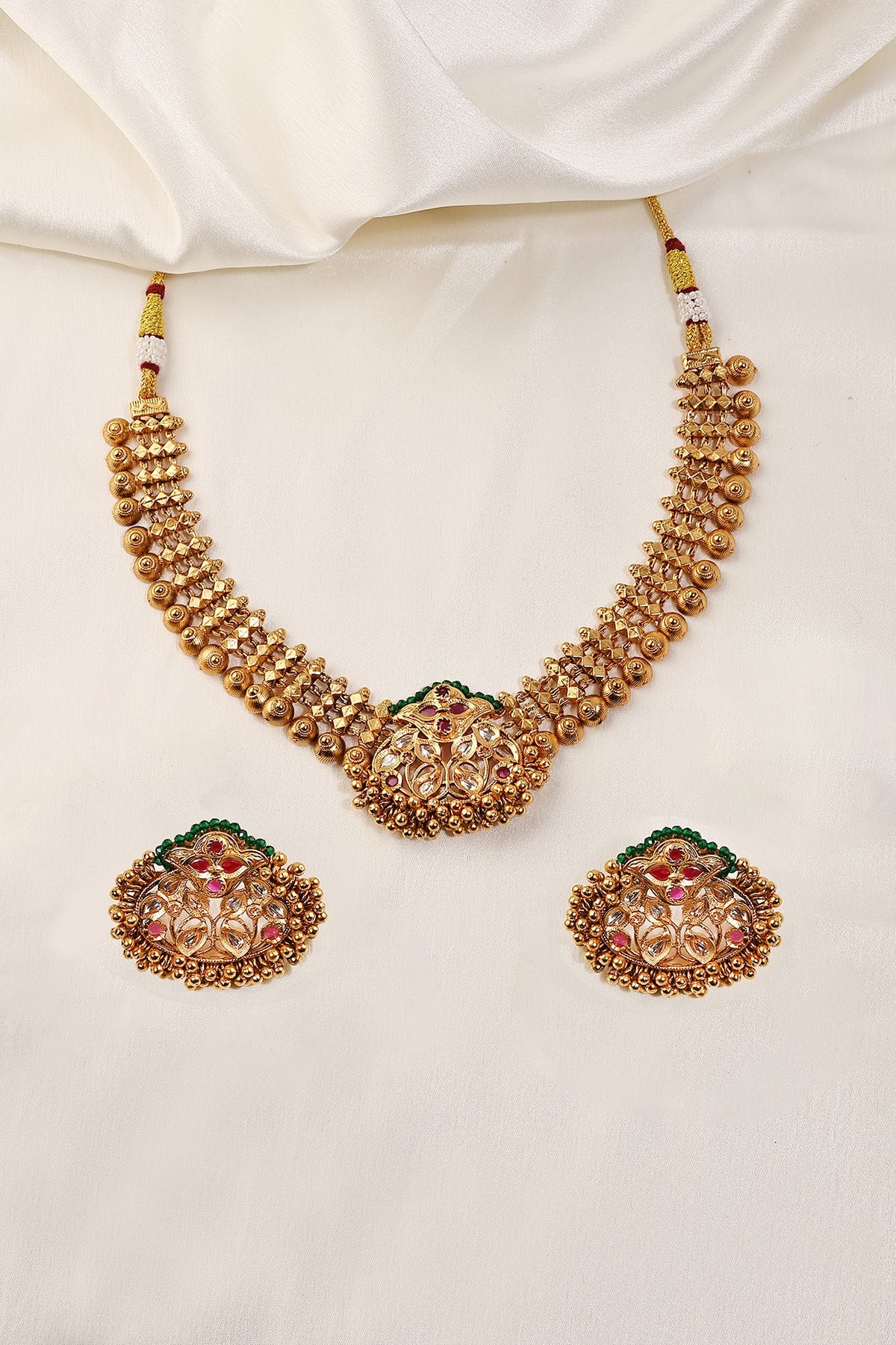 Gold Finish Green Stone Temple Necklace Set