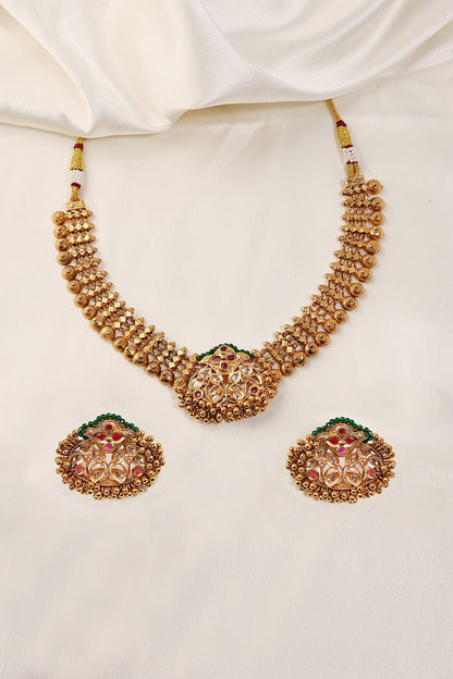 Gold Finish Green Stone Temple Necklace Set
