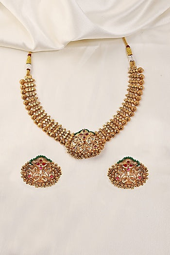 Gold Finish Green Stone Temple Necklace Set