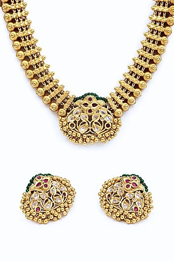 Gold Finish Green Stone Temple Necklace Set