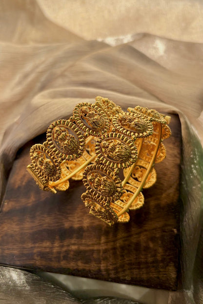 Antique Gold Finish Goddess Lakshmi Motif Temple Bangles (Set Of 2)