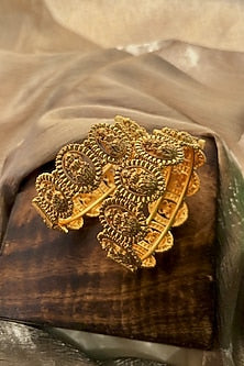 Antique Gold Finish Goddess Lakshmi Motif Temple Bangles (Set Of 2)