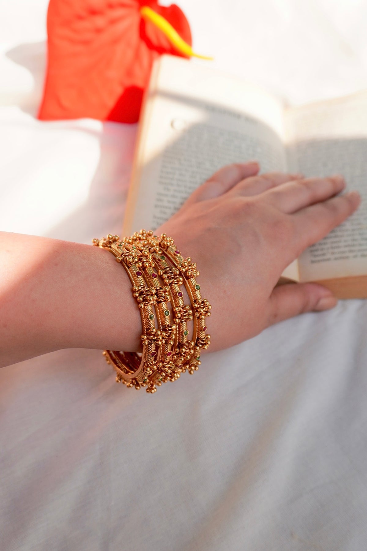 Antique Gold Finish Ghungroo Temple Bangles (Set Of 4)