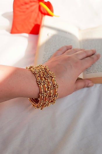 Antique Gold Finish Ghungroo Temple Bangles (Set Of 4)