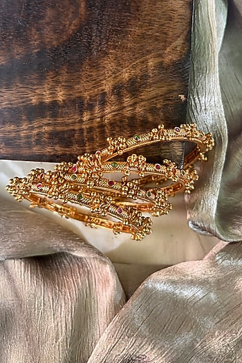 Antique Gold Finish Ghungroo Temple Bangles (Set Of 4)