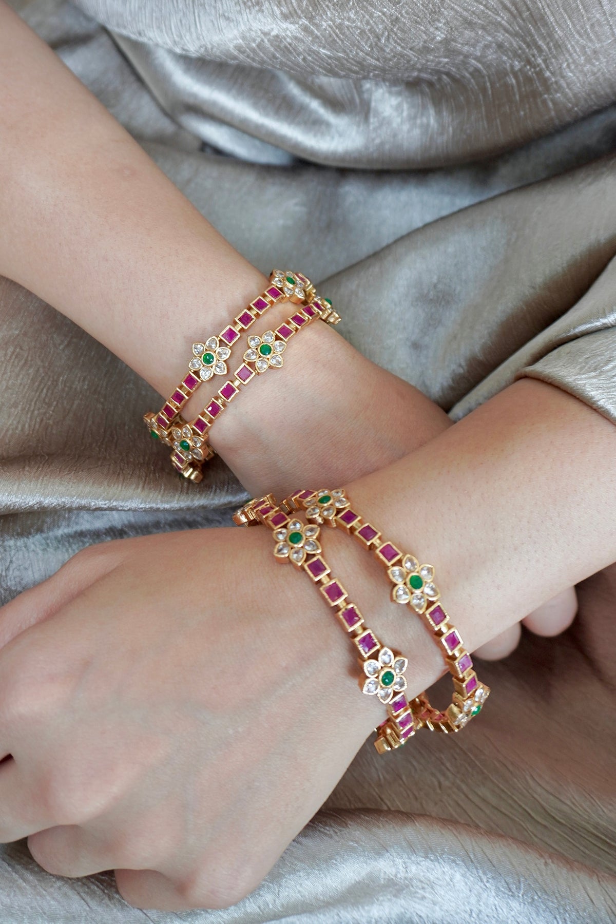 Antique Gold Finish Ruby & Emerald Temple Bangles (Set Of 4)
