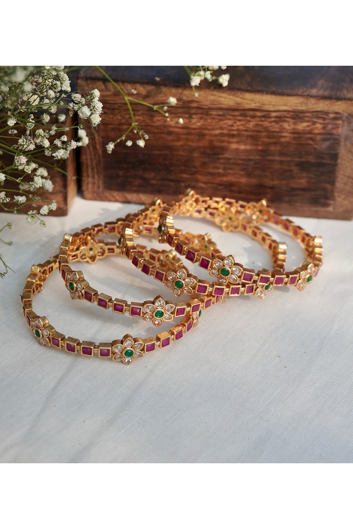 Antique Gold Finish Ruby & Emerald Temple Bangles (Set Of 4)