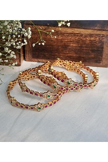 Antique Gold Finish Ruby & Emerald Temple Bangles (Set Of 4)