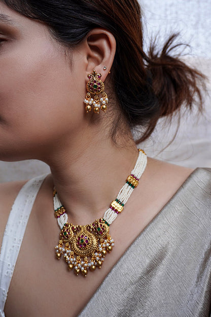 Antique Gold Finish Pearl Temple Necklace Set