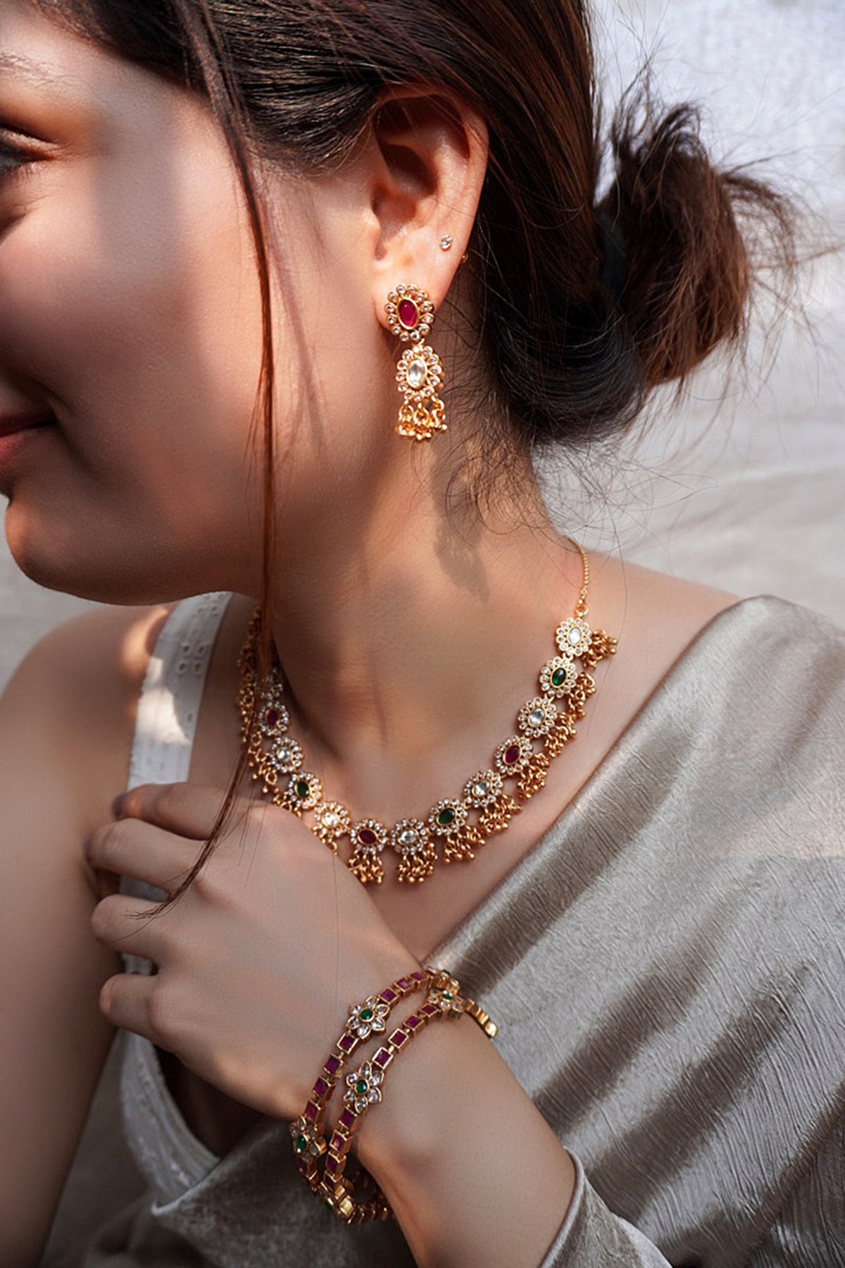 Antique Gold Finish Floral Stone Temple Necklace Set