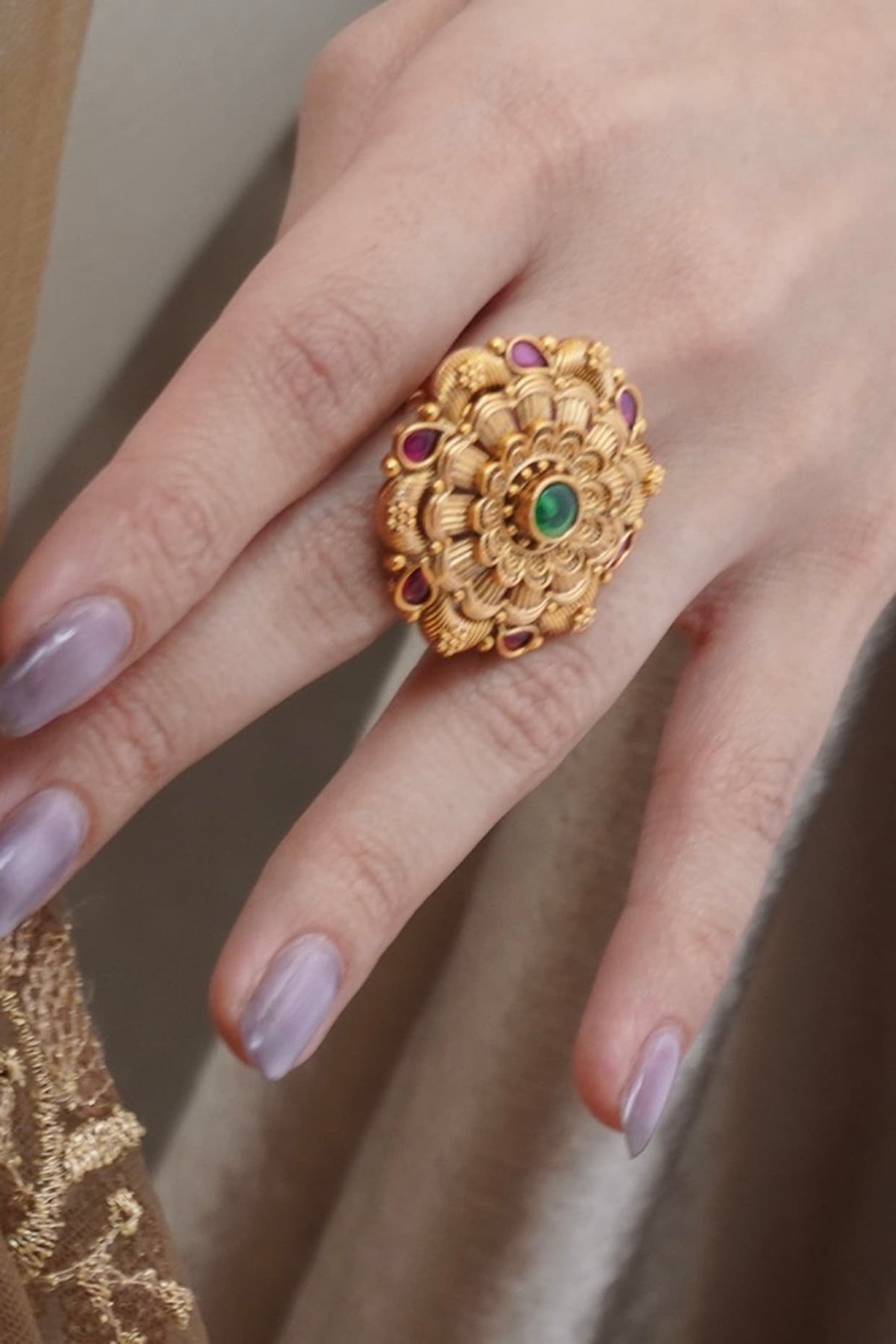 Antique Gold Finish Synthetic Stone Temple Ring