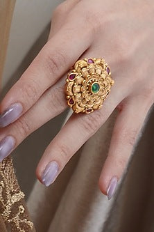 Antique Gold Finish Synthetic Stone Temple Ring
