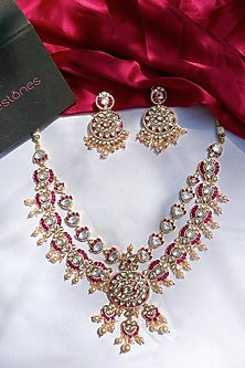 Gold Finish Kundan Polki & Pink Stone Long Necklace Set