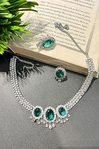 White Finish Green Stone & Zircon Choker Necklace Set