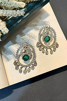 Gold Finish Zircon & Green Stone Chandbali Earrings