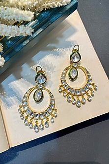Gold Finish Kundan Polki Enamelled Chandbali Earrings