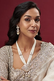 Gold Finish Kundan Polki & Pearl Long Necklace Set