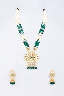 Gold Finish Pearl & Green Bead Long Necklace Set