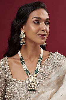 Gold Finish Pearl & Green Bead Long Necklace Set