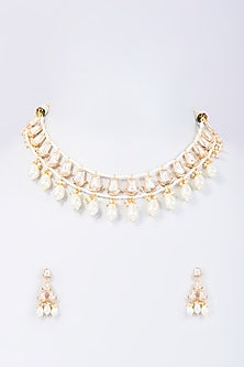 Gold Finish Kundan Polki & Pearl Choker Necklace Set