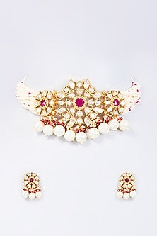 Gold Finish Kundan Polki & Pearl Choker Necklace Set